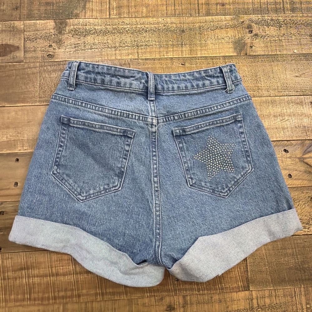 Hot Topic Blue Denim High Waisted Shorts Rhinestone Stars Junior's Size 5 (27"W) - Picture 8 of 16